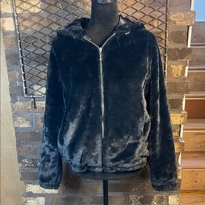 Jou Jou Black Faux Fur Zipper Jacket Elastic Waistline M